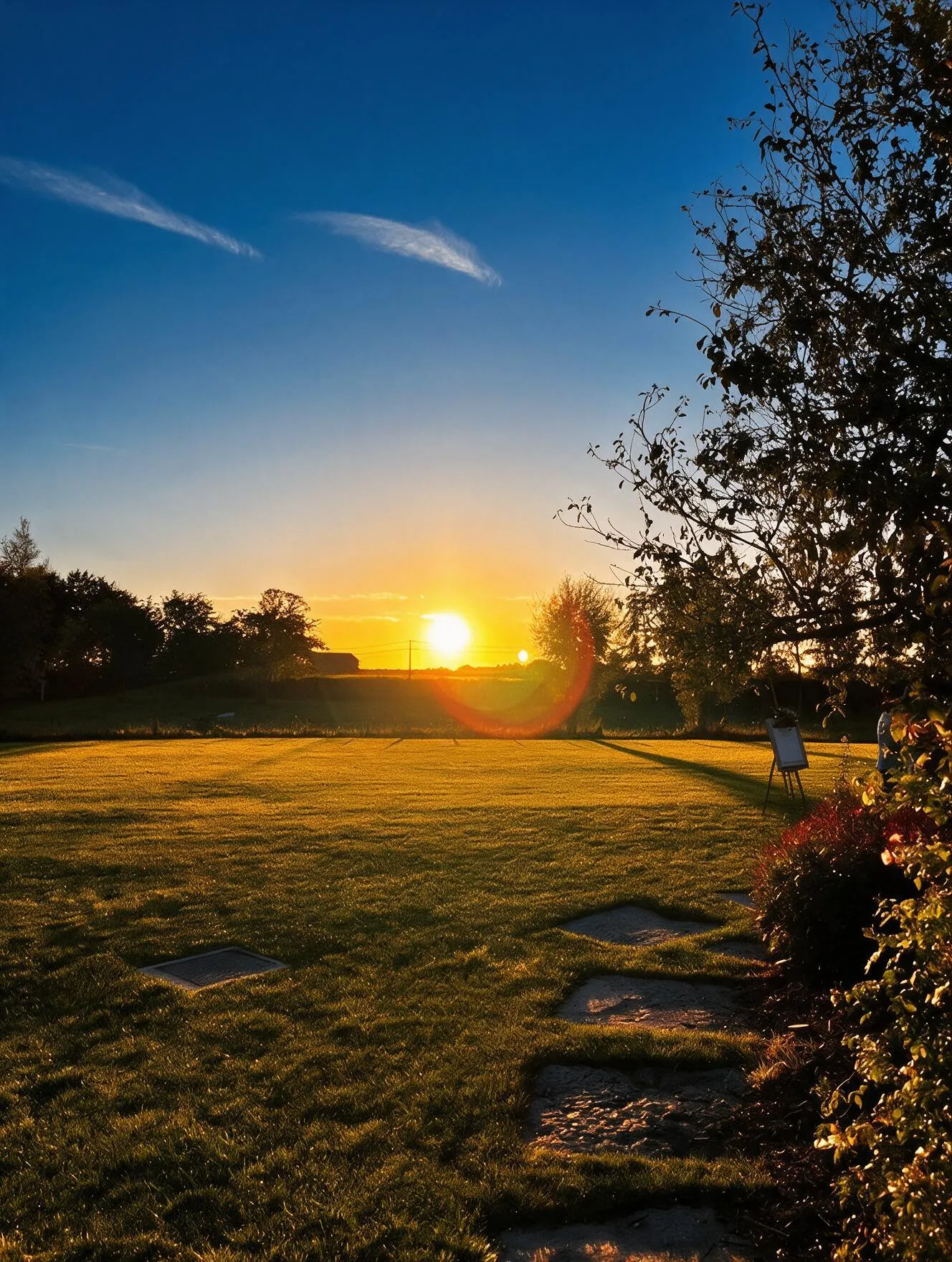 Zonsondergang over de velden rond Speghelhof, sfeer bij het overnachten op het domein